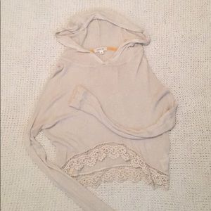 Knit, sweater with hood, lace trim on bottom